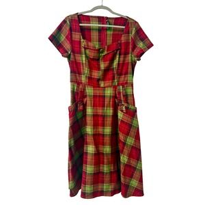 Voodoo Vixen Red Green Plaid Fit Flare Dress Retro Rockabilly XL US 10